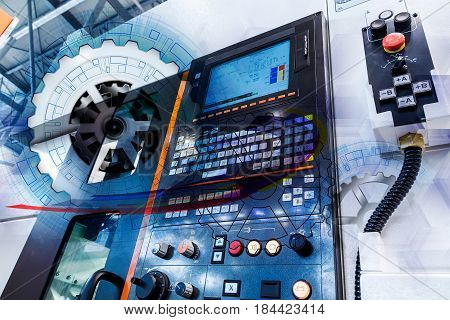 concept of abstract drawing of gears and automated modern machine with numerical control