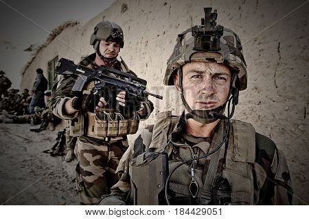 Kabul Afghanistan - March 11 2011. Legionnaires of the French foreign legion with weapons during the military operation in Afghanistan.