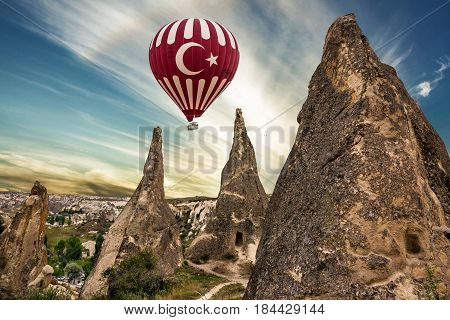 Cappadocia, Turkey. Goreme national park. Rock landscape. Hot air balloon