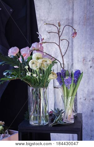 Peonies. Bouquet Of Peonies In A Glass Vase. Hyacinth.