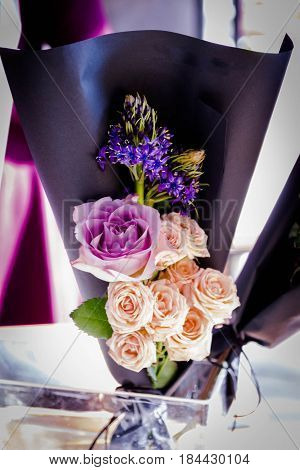 Bouquet of peonies. Peonies on a black background. Author bouquet.