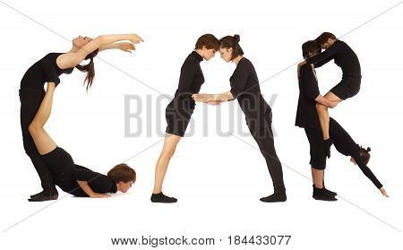 Black dressed people forming word CAR on white background