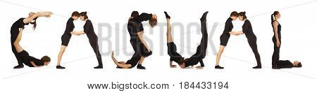 Black dressed people forming word CASUAL on white background