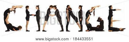 Black dressed people forming word CHANGE on white background