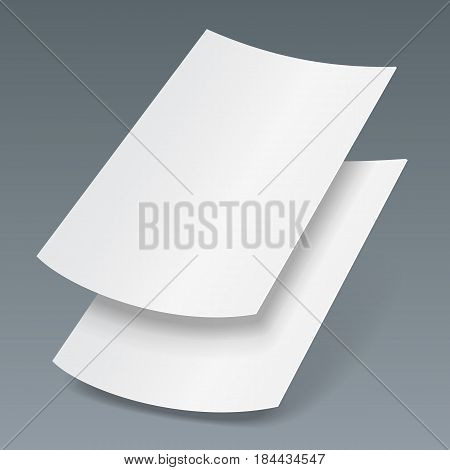 Two Blank Paper Leaflet, Flyer, Broadsheet, Flier, Follicle, Leaf A4 With Shadows. On Gray Dark Background Isolated. Mock Up Template Ready For Your Design. Vector EPS10