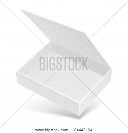 White Open Flying Product Cardboard Package Box With Shadow. Illustration Isolated On White Background. Mock Up Template Ready For Your Design. Vector EPS10
