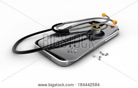 3D illustration Mobile phone repair Broken mobile phone with stethoscope.