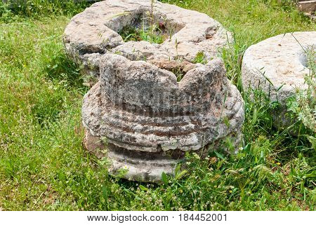 Archeological ruins ancient columns in Beit Guvrin national Park, Israel.