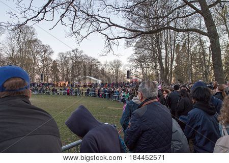 NORRKOPING, SWEDEN - APRIL 30, 2017: Traditional Swedish celebration of spring at Walpurgis night with bonfire and music at Folkparken in Norrkoping. The festival is named after Saint Walpurga.
