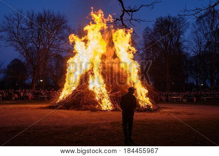 NORRKOPING, SWEDEN - APRIL 30, 2017: Traditional Swedish celebration of spring at Walpurgis night with bonfire and music at Folkparken in Norrkoping. The festival is named after Saint Walpurga.