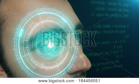 Futuristic Concept. A Young Man Reads The Program Code