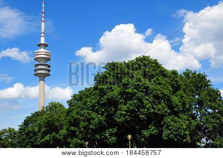 MUNICH, GERMANY - JUNE 12 : Tower of stadium of the Olympiapark in Munich, Germany, is an Olympic Park which was constructed for the 1972 Summer Olympics on June 12 2010, munich Germany
