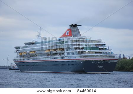 Velsen The Netherlands - April 27th 2017: Balmoral Fred Olsen Cruise Lines in North Sea Canal towards IJmuiden sealock