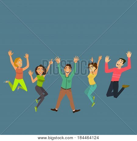 Happy group of people jumping on a white background. The concept of friendship, healthy lifestyle, success. Vector illustration in a flat style.