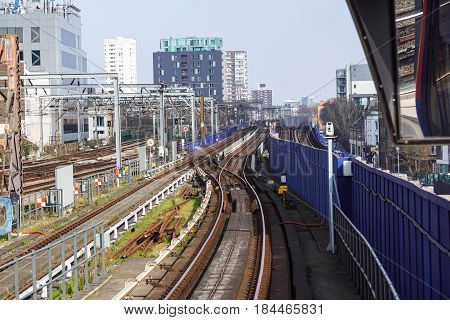 LONDON , England , 1 April 2017 :Tower Gateway Station. DLR Line. A light metropolitan area serve the rebuilt of the harbor area in the east of London. It was opened on 31 August 1987