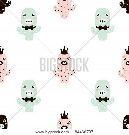 Cute seamless pattern with cactus characters. Childish texture perfect for fabrictextile.Vector background