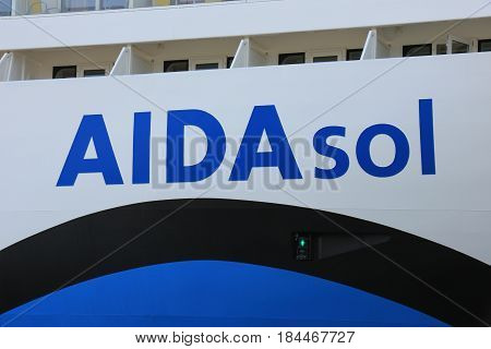 IJmuiden the Netherlands -April 30th 2017: Aida Sol at the Felison Cruise Terminal IJmuiden detail of ship