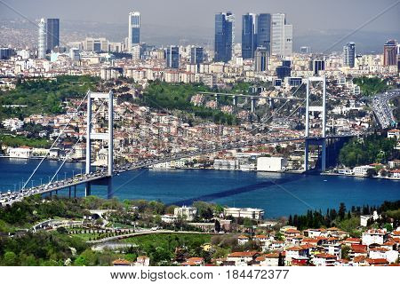 Panoramic View Of Istanbul With The Bosphorus Bridge
