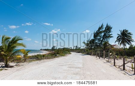 The beach road in Mahahual, Quintana Roo, Mexico