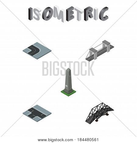 Isometric Architecture Set Of Crossroad, Highway, Expressway And Other Vector Objects. Also Includes Washington, Turn, Bridge Elements.