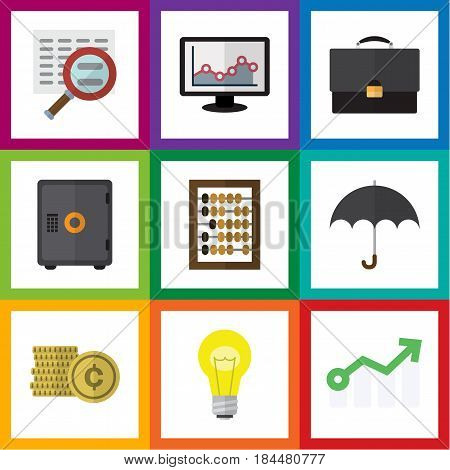 Flat Gain Set Of Strongbox, Cash, Growth And Other Vector Objects. Also Includes Shiner, Parasol, Graph Elements.