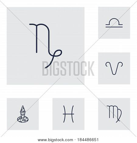 Set Of 6 Astronomy Outline Icons Set.Collection Of Aries, Capricorn, Virgo And Other Elements.