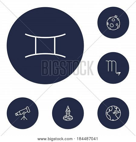Set Of 6 Horoscope Outline Icons Set.Collection Of Gemini, Globe, Moon And Other Elements.