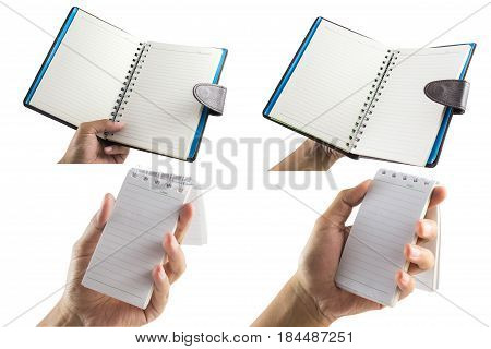 Collection of Men's hand holding Notebook isolate on a white background with blank screen and can be add your texts or others on Notebook.Notebook concept.