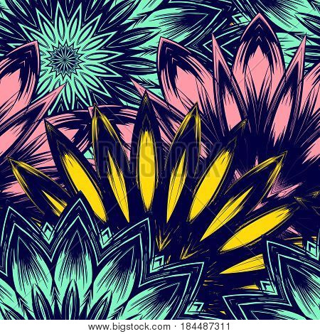 Seamless Floral Background. Tracery Handmade Nature Ethnic Fabric Backdrop Pattern With Flowers. Tex