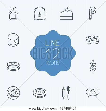 Set Of 12 Oven Outline Icons Set.Collection Of Candy Cane, Cheesecake, Toast Elements.