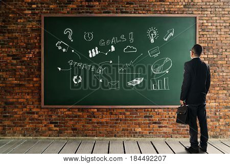 Businessman looking and thinkin front of a chalkboard brick wall with the development graph strategy . Business metaphor of solution concept .
