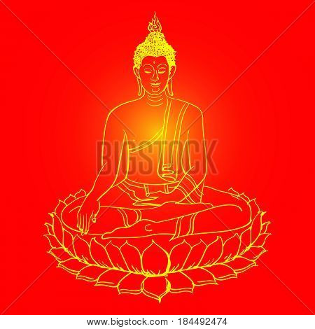 Drawing of a Buddha statue, gold line art on a red background.
