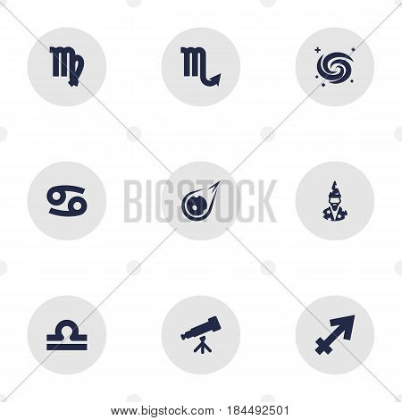 Set Of 9 Galaxy Icons Set.Collection Of Zodiac Sign, Crab, Virgin And Other Elements.