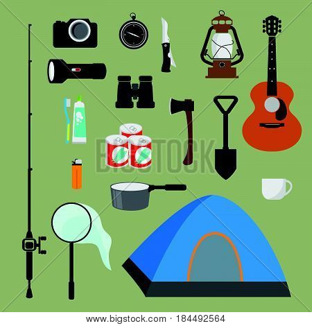 Mountain hike elements. Autumn forest camping set. Hiking equipment and gear vector icon collection.  tent,  campfire, barbecue, flashlight, lantern, camera. Tourist camp tools.
