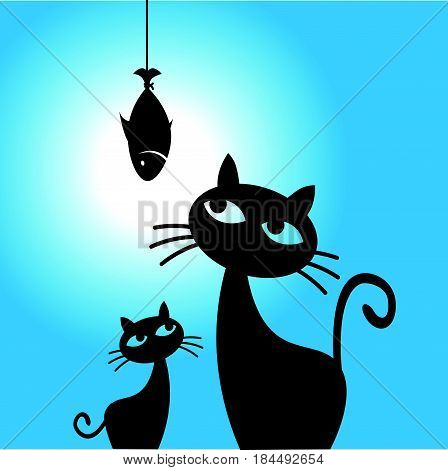 Cat dreams of fish. Cat wants to eat fish. Vector illustration..