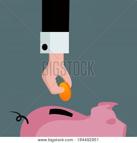 piggy bank with hand with a dollar coin Vector illustration