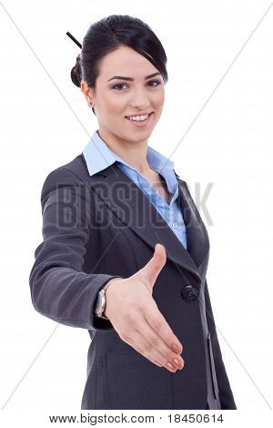 Podnikání žena dává ruku pro Handshake