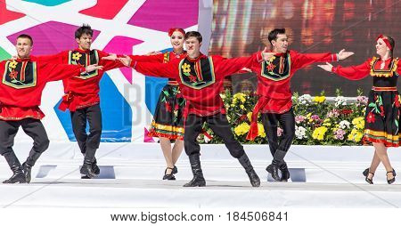 Shymkent, KAZAKHSTAN - May 1, 2017: People in national costumes on the Day of Unity of the People of Kazakhstan.