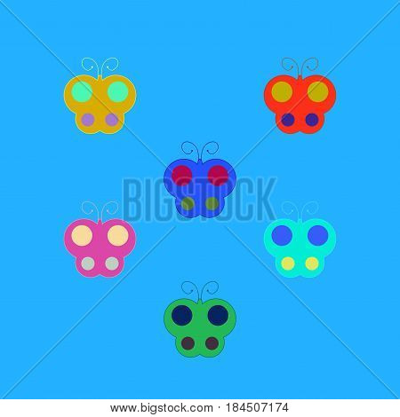Butterfly sign set. Colorful insect simple symbol. Multicolor icons isolated on blue background. Flat mark. Spring or summer love concept. Modern art scoreboard. Stock vector illustration