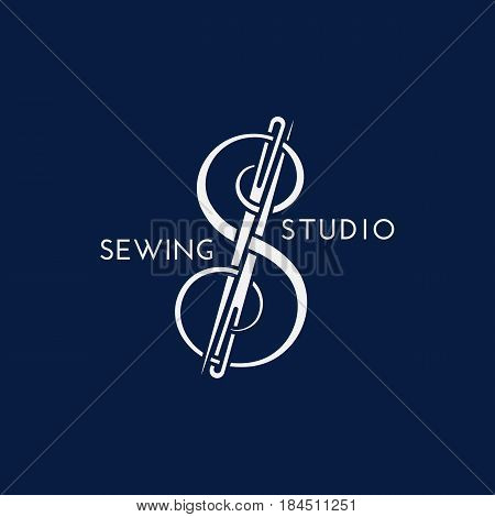 Template for logo label emblem with thread and needles. Vector illustration.