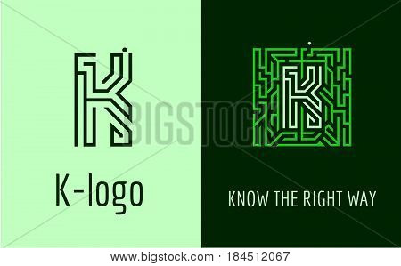 Creative logo for corporate identity of company: letter K. The logo symbolizes labyrinth, choice of right path, solutions. Suitable for consulting, financial, construction, road companies, quests, educational schools.