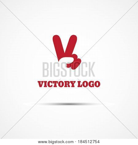 Template for logo label emblem with V hand victory symbol. Vector illustration.