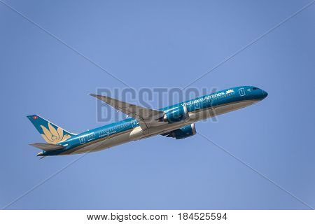 Frankfurt Germany - March 30 2017: Vietnam Airlines Boeing 787-451 Dreamliner after take off at the Frankfurt international airport