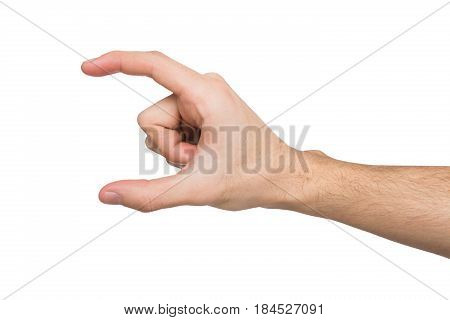Male hand measuring invisible items, man's palm making gesture while showing small amount of something on white isolated background, side view, close-up, cutout, copy space