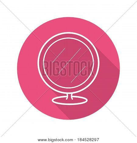 Shaving mirror flat linear long shadow icon. Bathroom portable round mirror. Vector line symbol