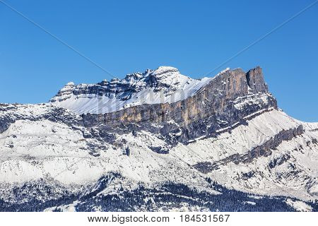 Winter view of Les Rochers des Fiz (above 2700m) in Massif de Plate close to Mont Blanc in the French Alps.