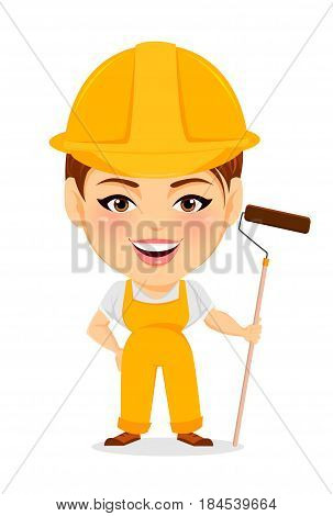 Builder woman. Funny female worker with big head holding long paint roller. Humorous cartoon character painter. Vector illustration.