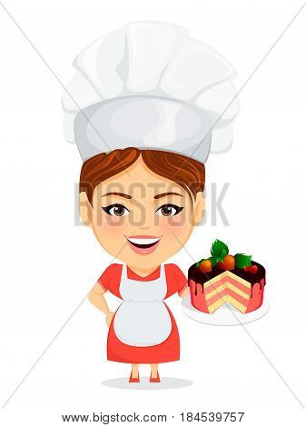 Cook woman female master chef. Funny cartoon character with big head holding delicious cake with chocolate cherry and strawberries. Humorous vector illustration.