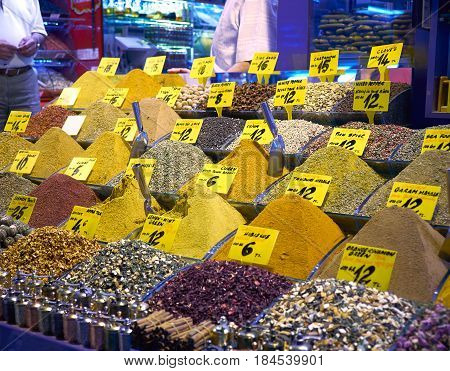 The Colorful Spices On The Spice Egyptian Bazaar. Istanbul. Turkey