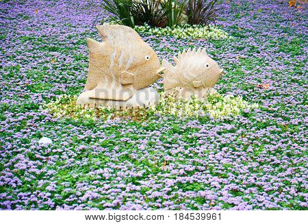 The Decorative Floral Composition With Stone Fish In Gulhane Park, Istanbul
